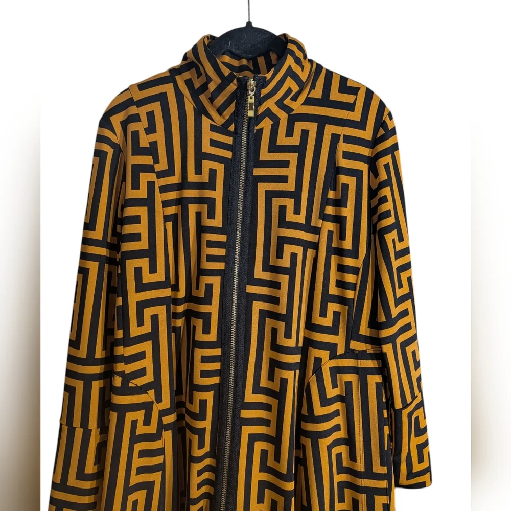 Avant Garde Geometric Print Bubble Hem Dress Zip Front Artwear Mustard Black M - Picture 5 of 9